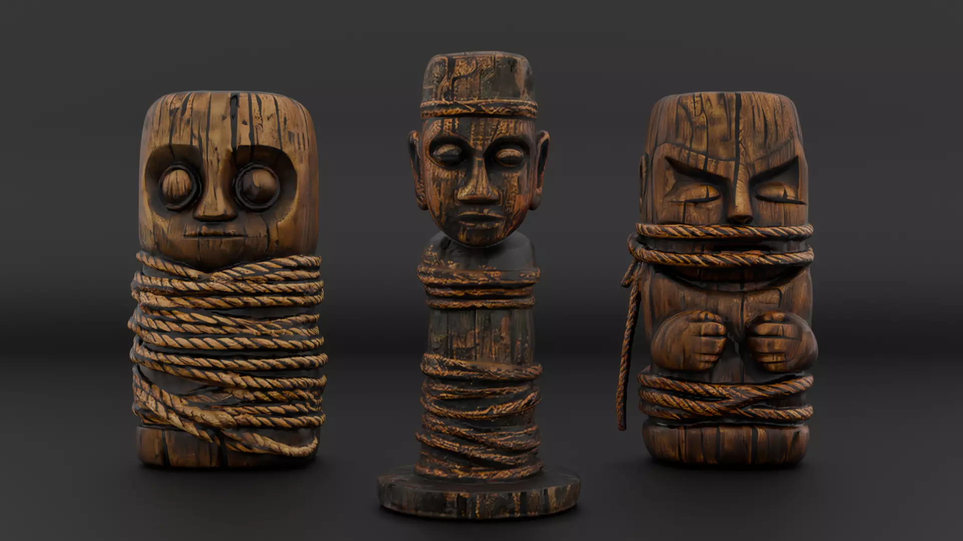 Rope-Wrapped Wooden Idols Pack 3 Ancient Carved Props Low-poly 3D model_0