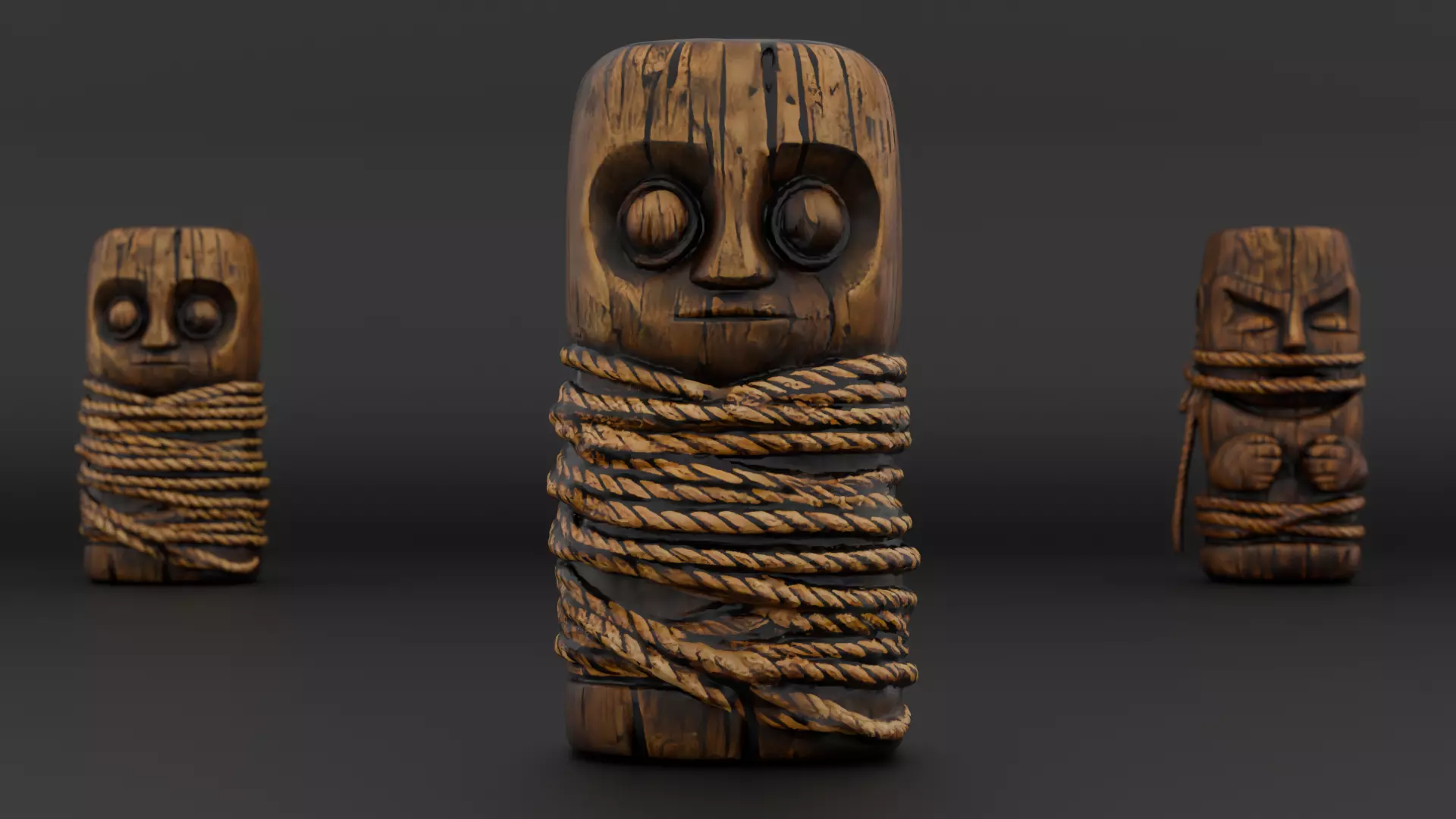 Rope-Wrapped Wooden Idols Pack 3 Ancient Carved Props Low-poly 3D model_4