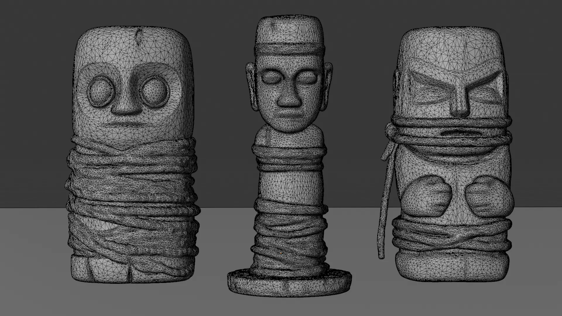 Rope-Wrapped Wooden Idols Pack 3 Ancient Carved Props Low-poly 3D model_5