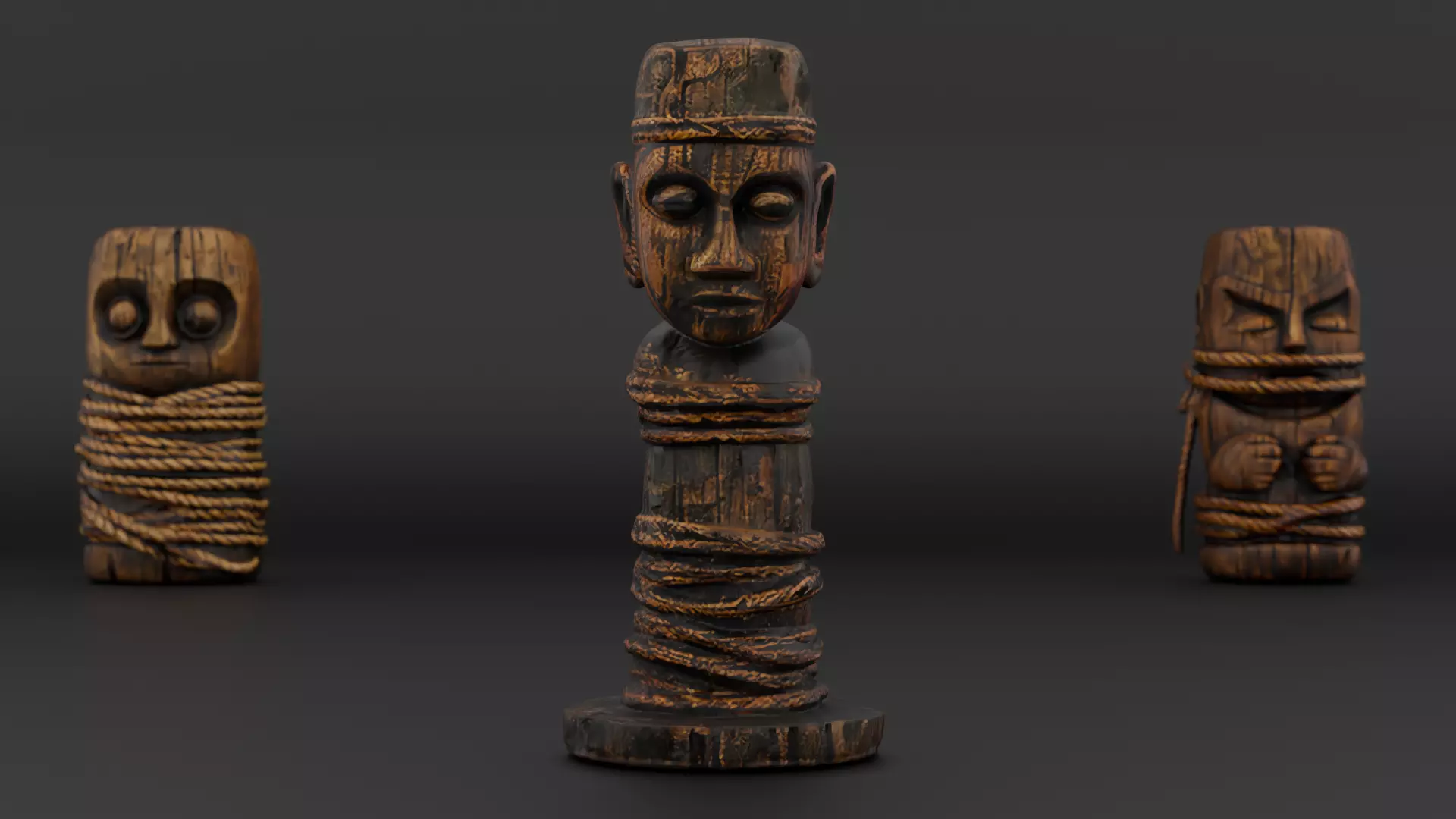 Rope-Wrapped Wooden Idols Pack 3 Ancient Carved Props Low-poly 3D model_2
