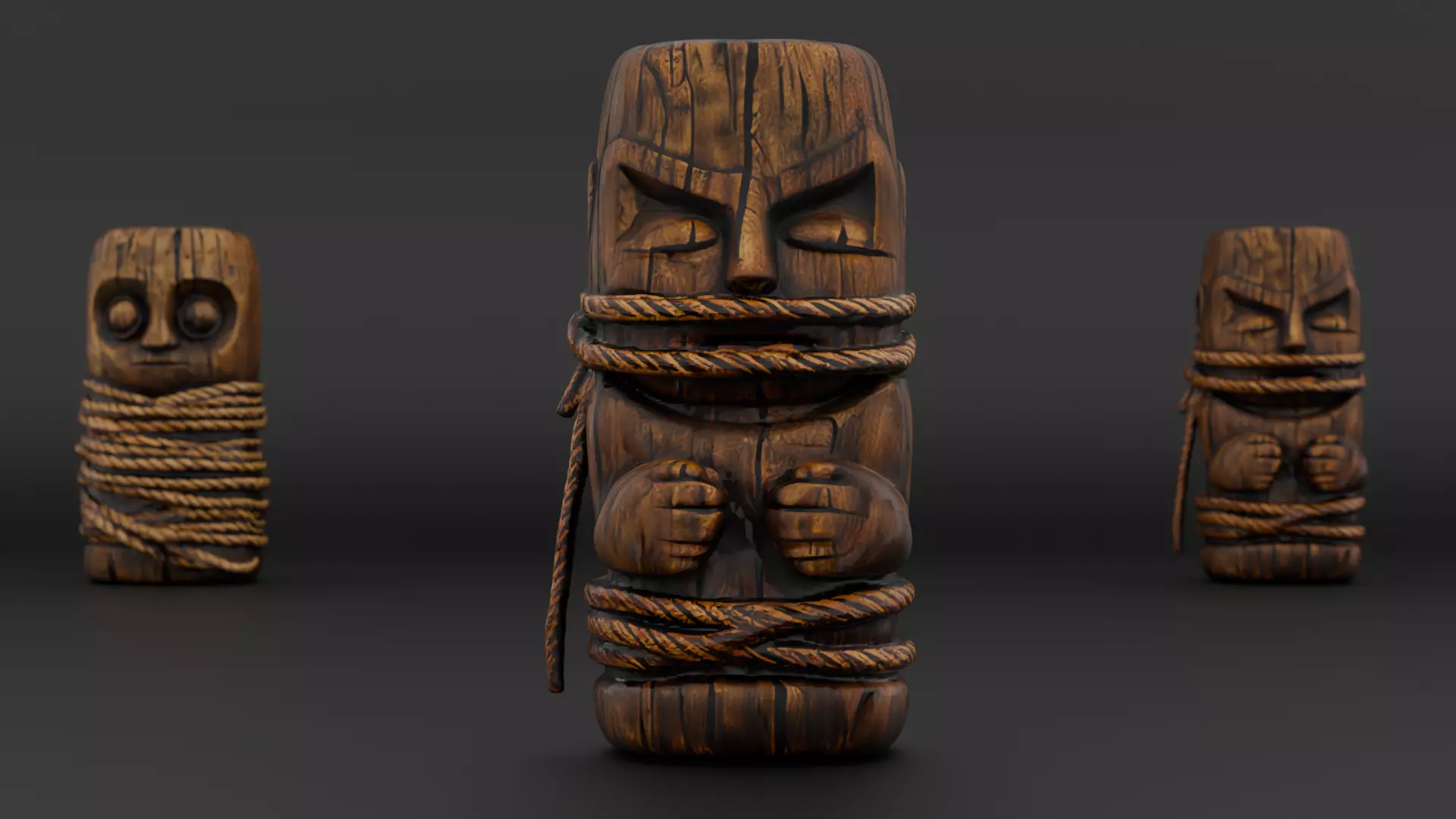 Rope-Wrapped Wooden Idols Pack 3 Ancient Carved Props Low-poly 3D model_3