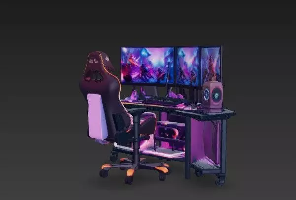 RGB Corner Gaming Setup 3D Model - Triple Monitor Desk 3D model_2