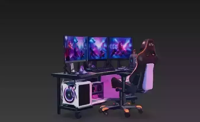 RGB Corner Gaming Setup 3D Model - Triple Monitor Desk