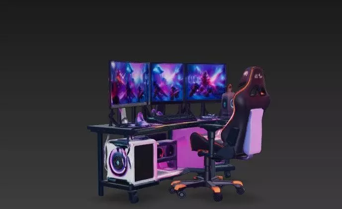 RGB Corner Gaming Setup 3D Model - Triple Monitor Desk 3D model_0