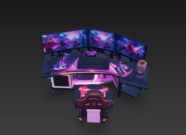RGB Corner Gaming Setup 3D Model - Triple Monitor Desk 3D model_5