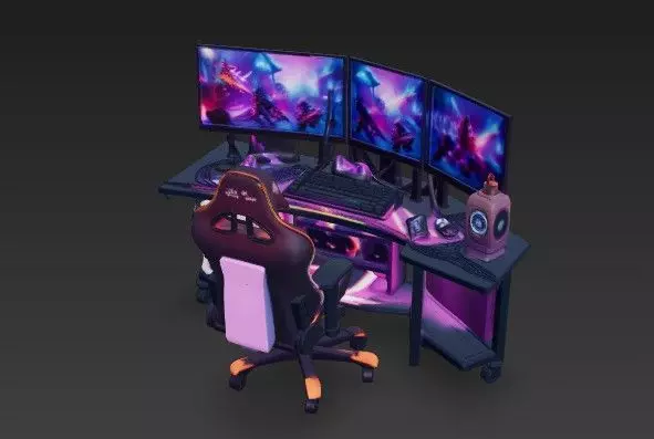 RGB Corner Gaming Setup 3D Model - Triple Monitor Desk 3D model_3