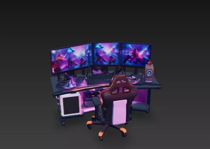 RGB Corner Gaming Setup 3D Model - Triple Monitor Desk 3D model_1