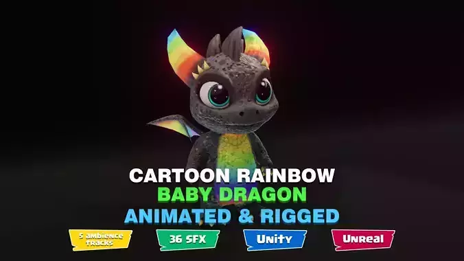 Rainbow Baby Dragon 3D Character Audio Unity Unreal Ready