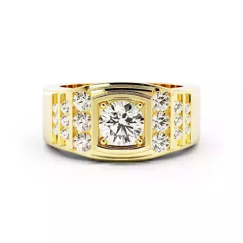 Mens Signet Ring With Round Center Stone and Side Diamonds 