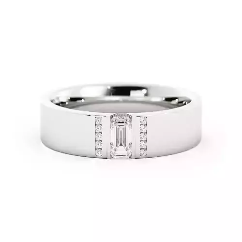 Mens Wedding Band Ring With Center Baguette Stone And Rendering