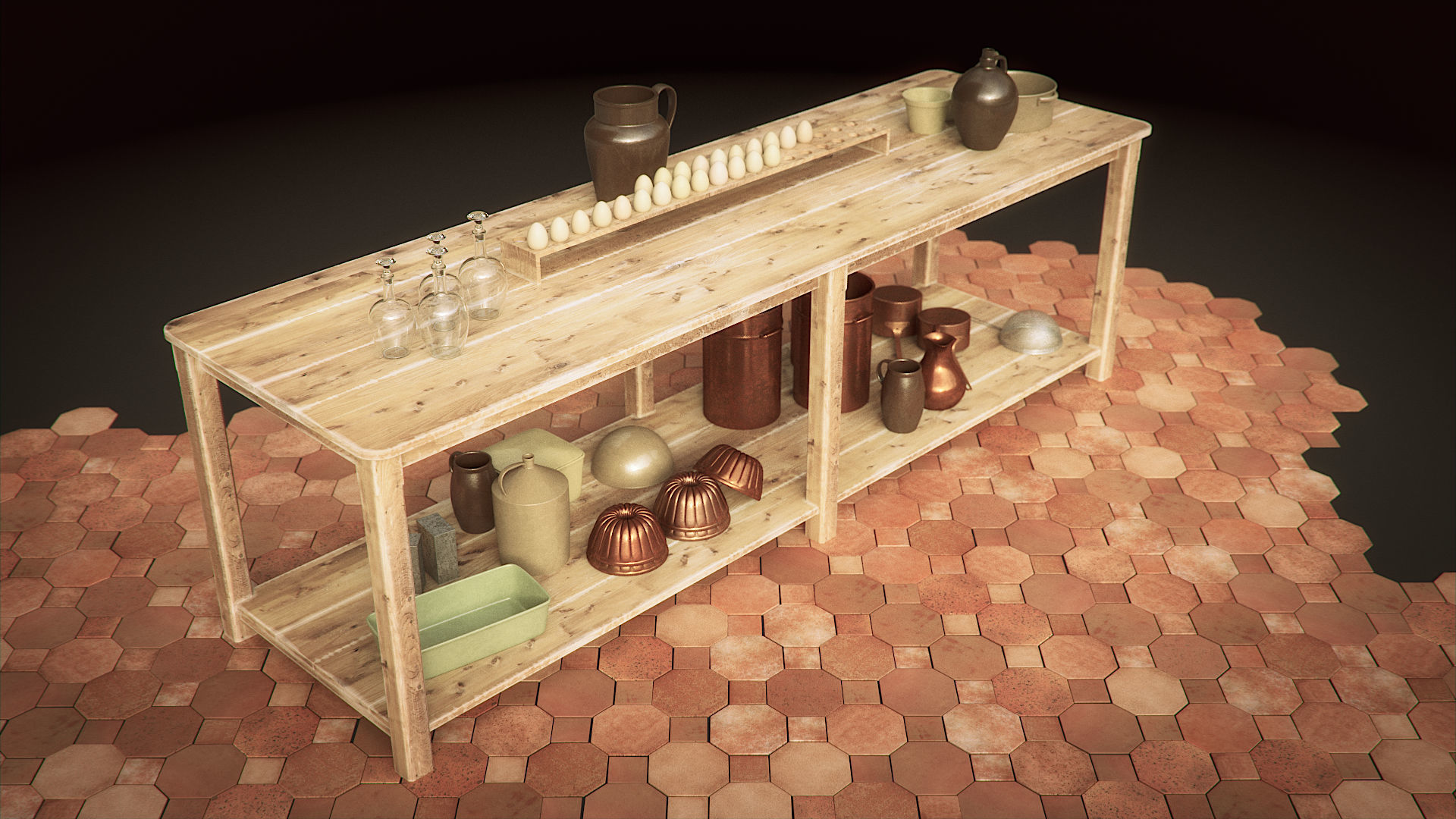 Vintage Wooden Kitchen Table 3D model_1
