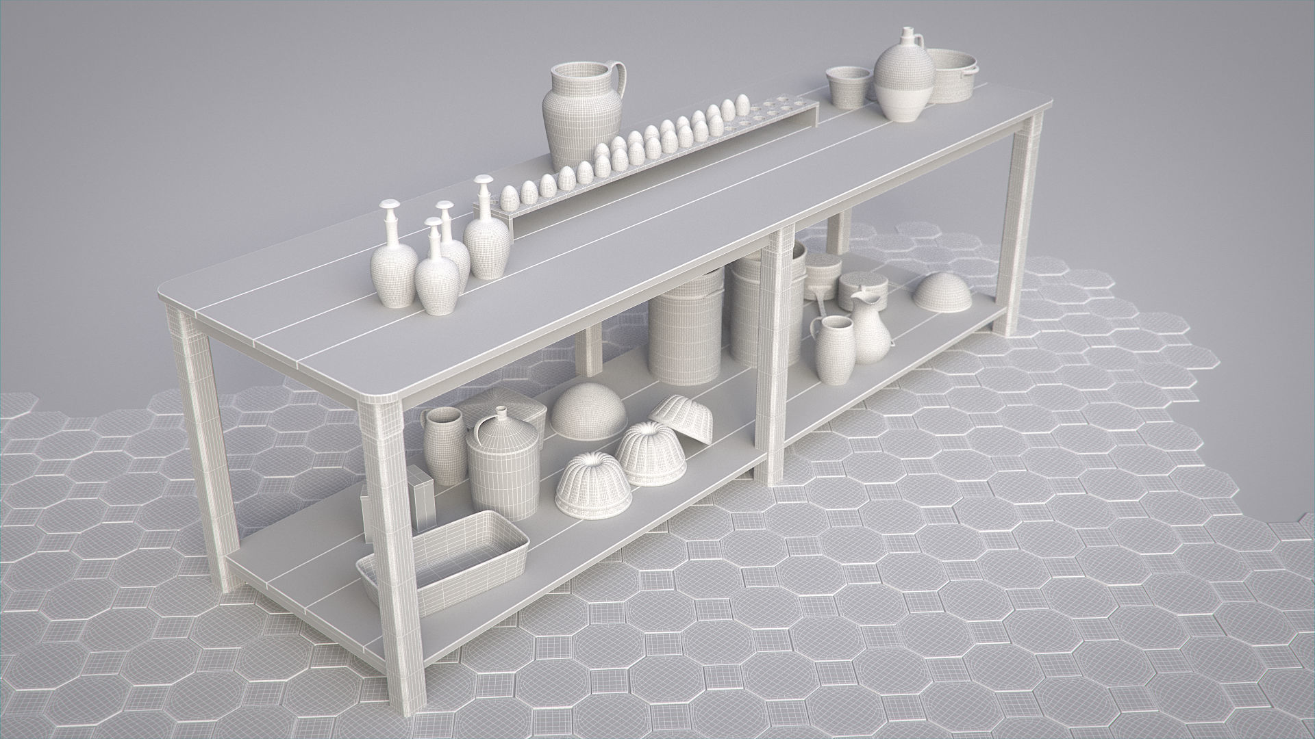 Vintage Wooden Kitchen Table 3D model_6