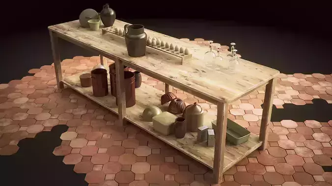 Vintage Wooden Kitchen Table 3D model