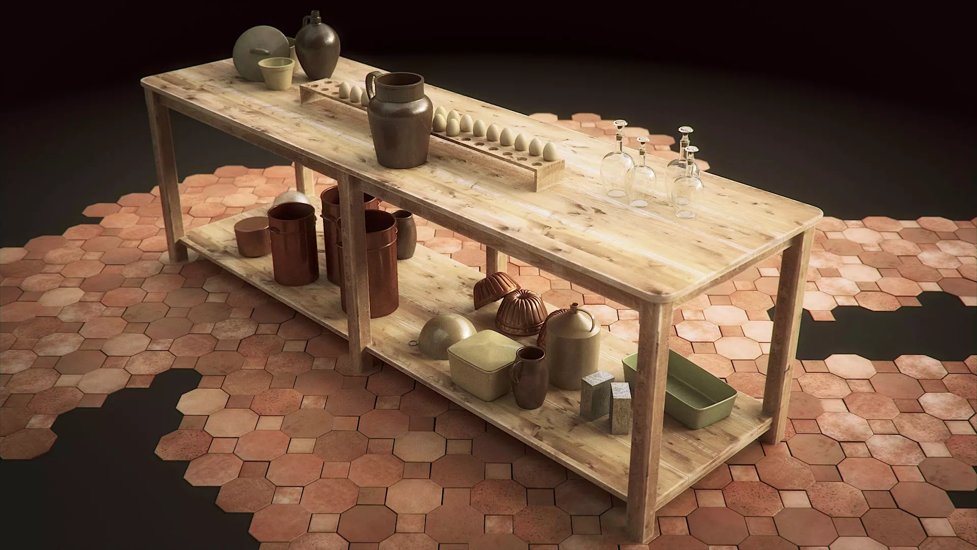 Vintage Wooden Kitchen Table 3D model_0