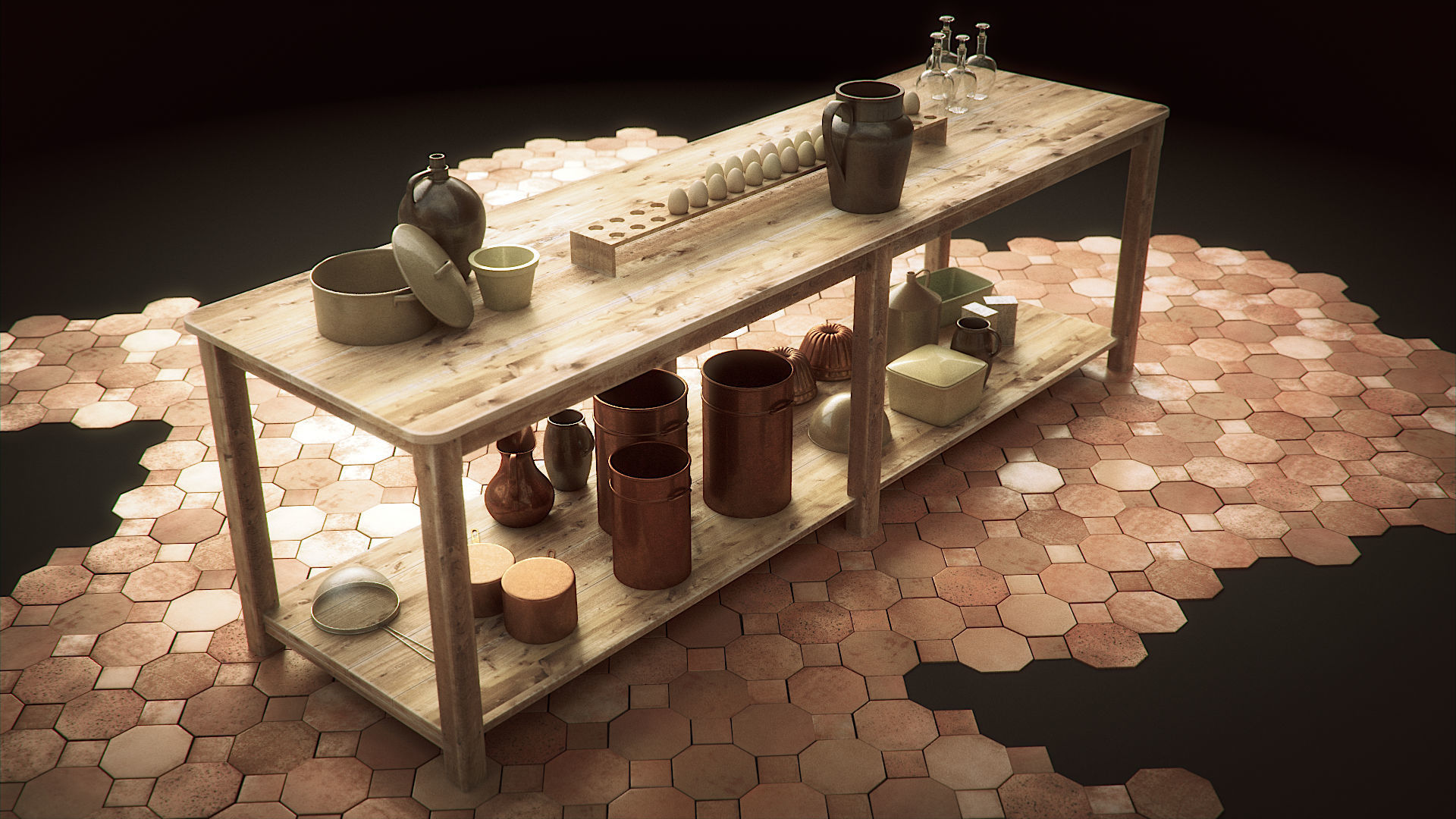 Vintage Wooden Kitchen Table 3D model_2