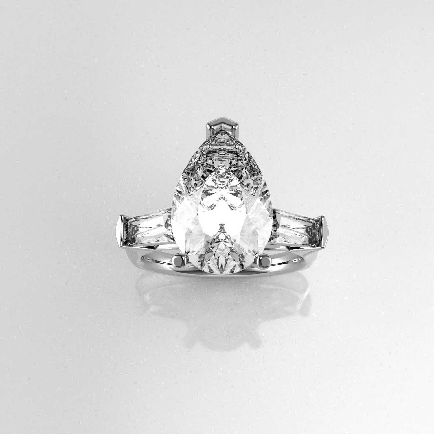 Classic Three Stone Ring - 15 x 10 Pear shape - Tapered Baguette 3D print model_1