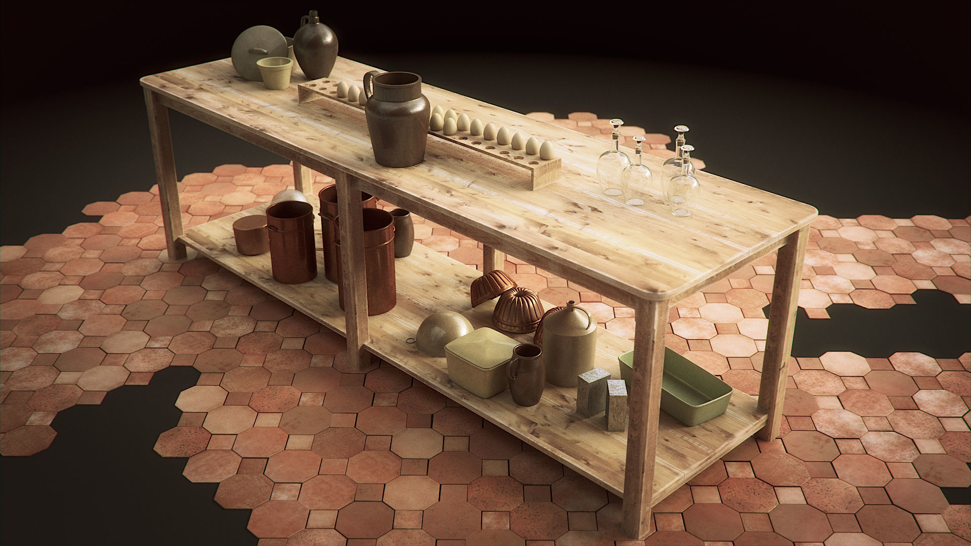 Vintage Kitchen Table and Shelf Set 3D model_4