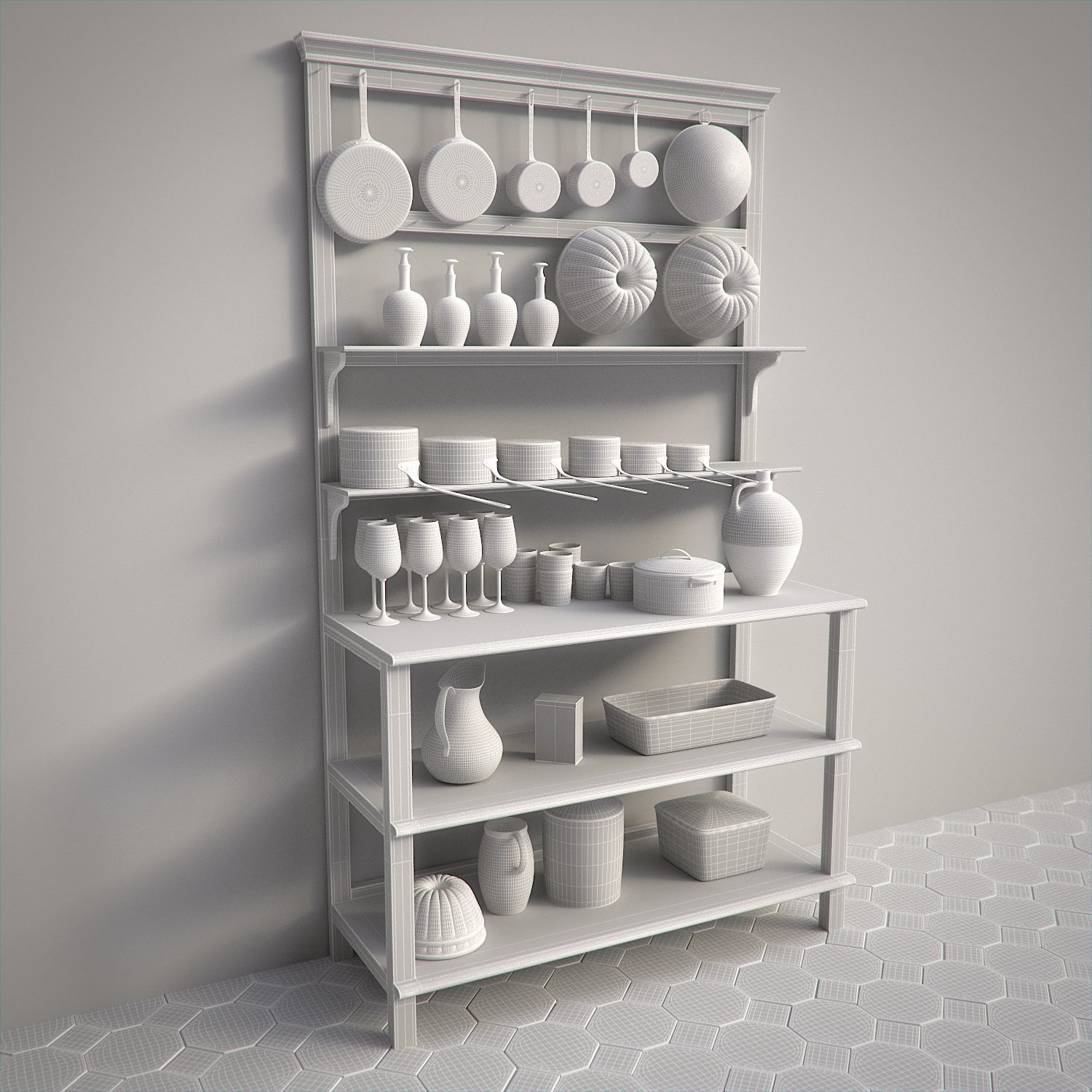 Vintage Kitchen Table and Shelf Set 3D model_12