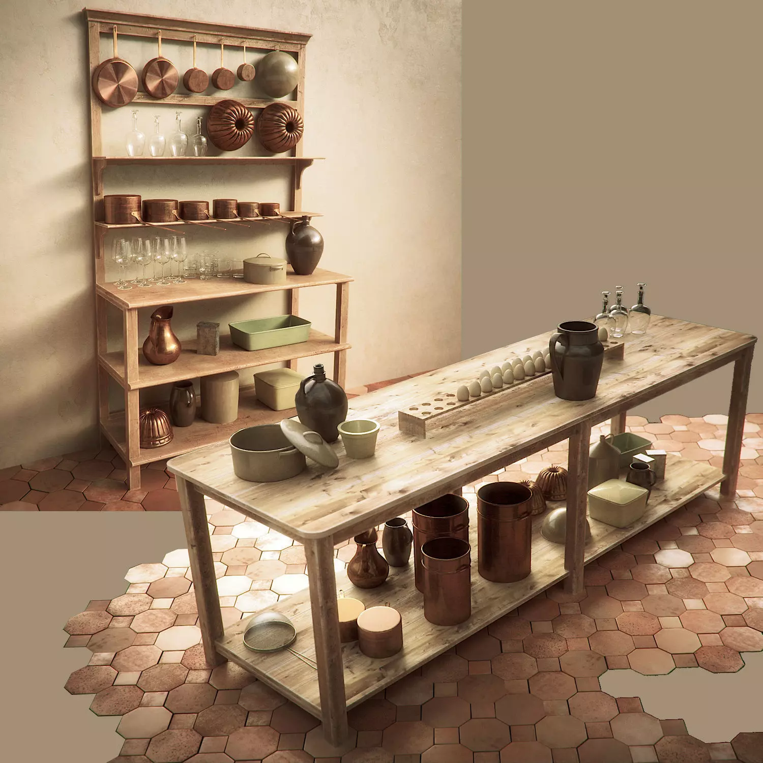 Vintage Kitchen Table and Shelf Set 3D model_0