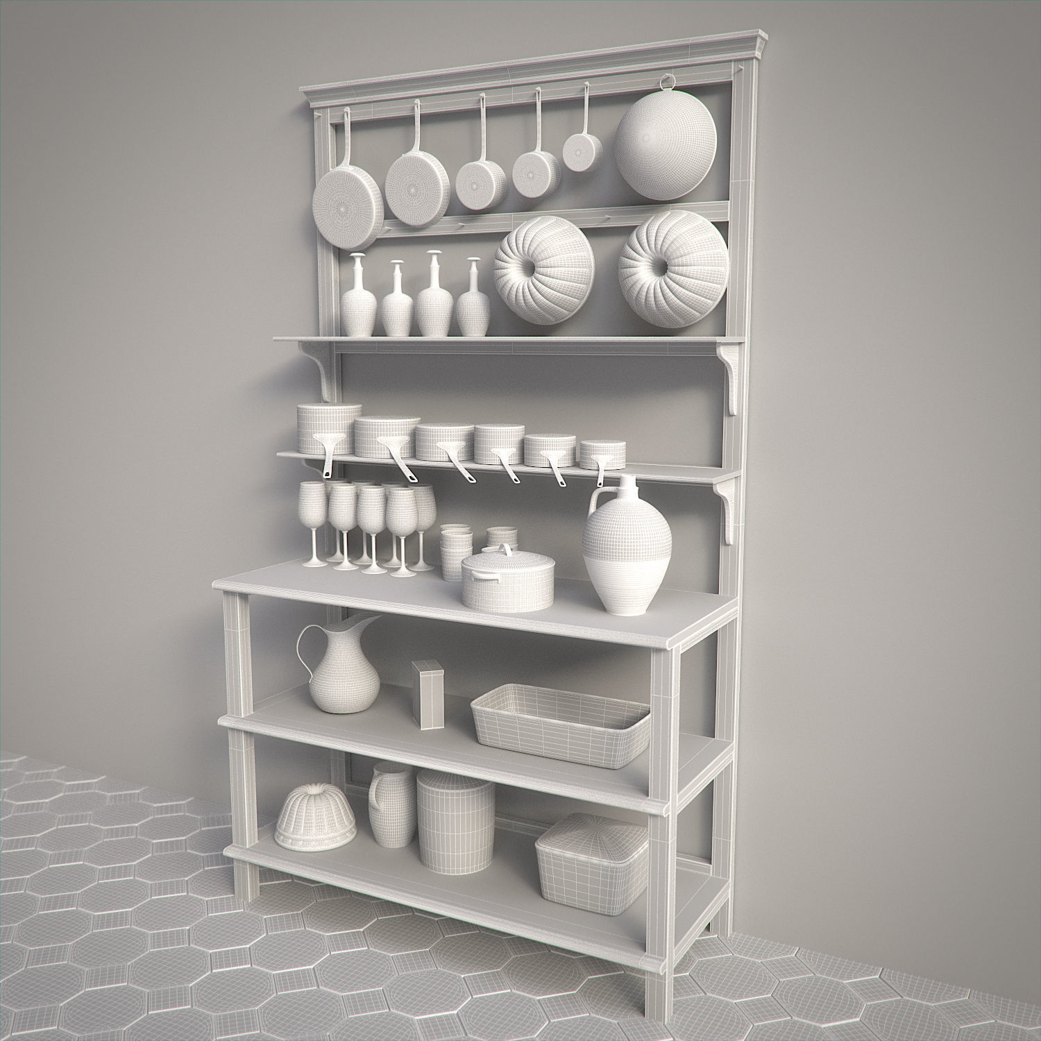 Vintage Kitchen Table and Shelf Set 3D model_11