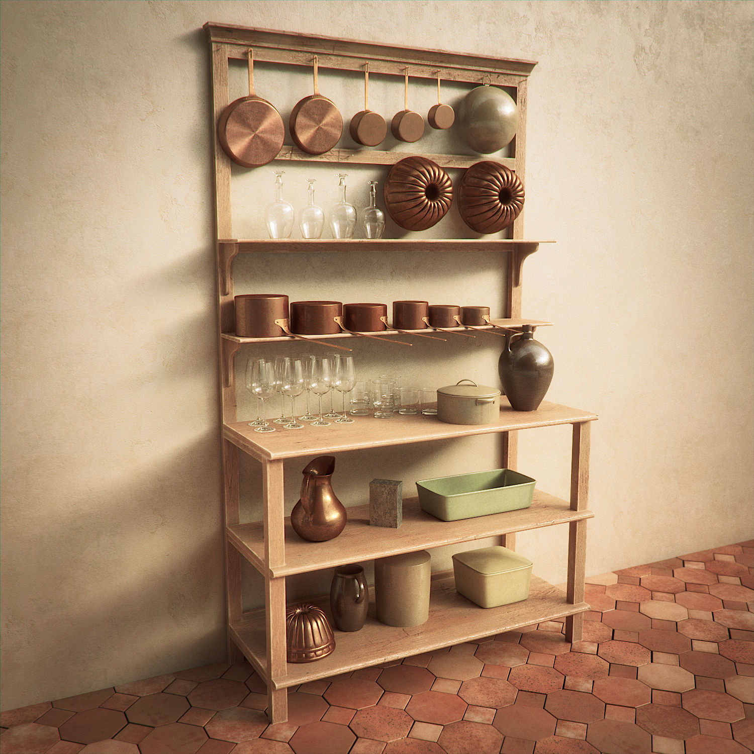 Vintage Kitchen Table and Shelf Set 3D model_1