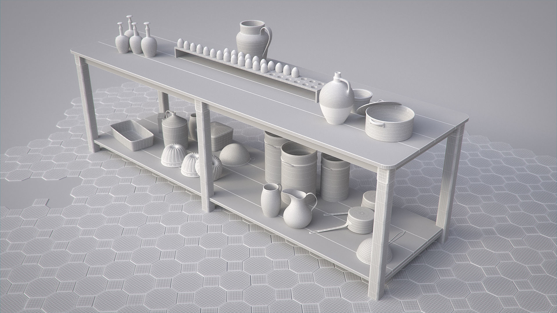 Vintage Kitchen Table and Shelf Set 3D model_9