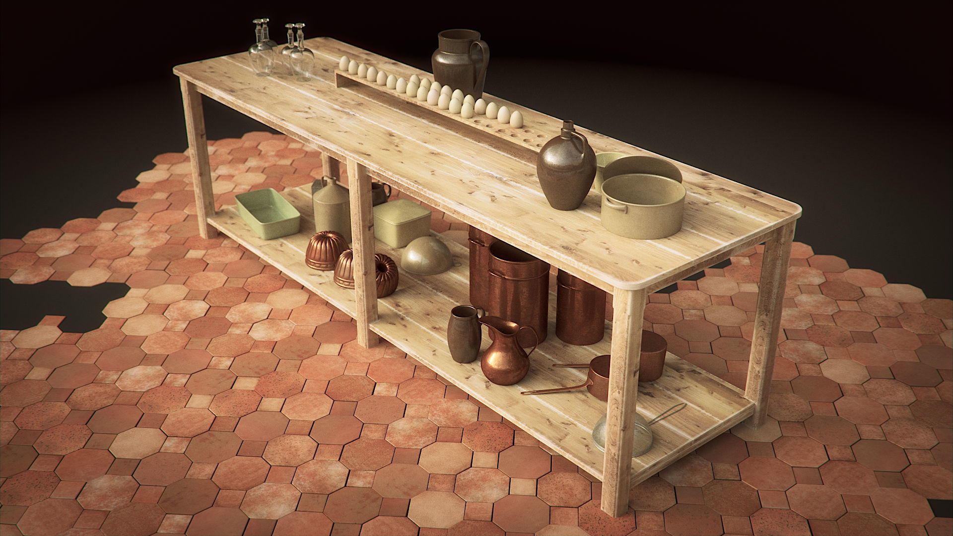 Vintage Kitchen Table and Shelf Set 3D model_5