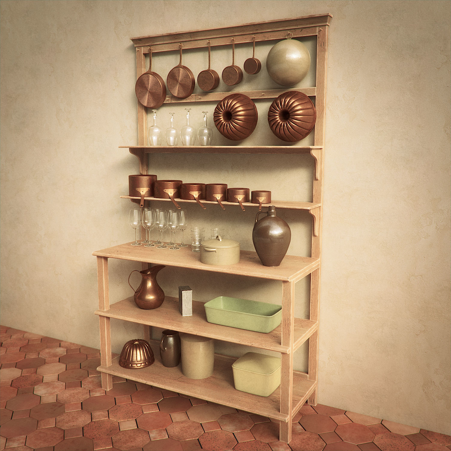 Vintage Kitchen Table and Shelf Set 3D model_2
