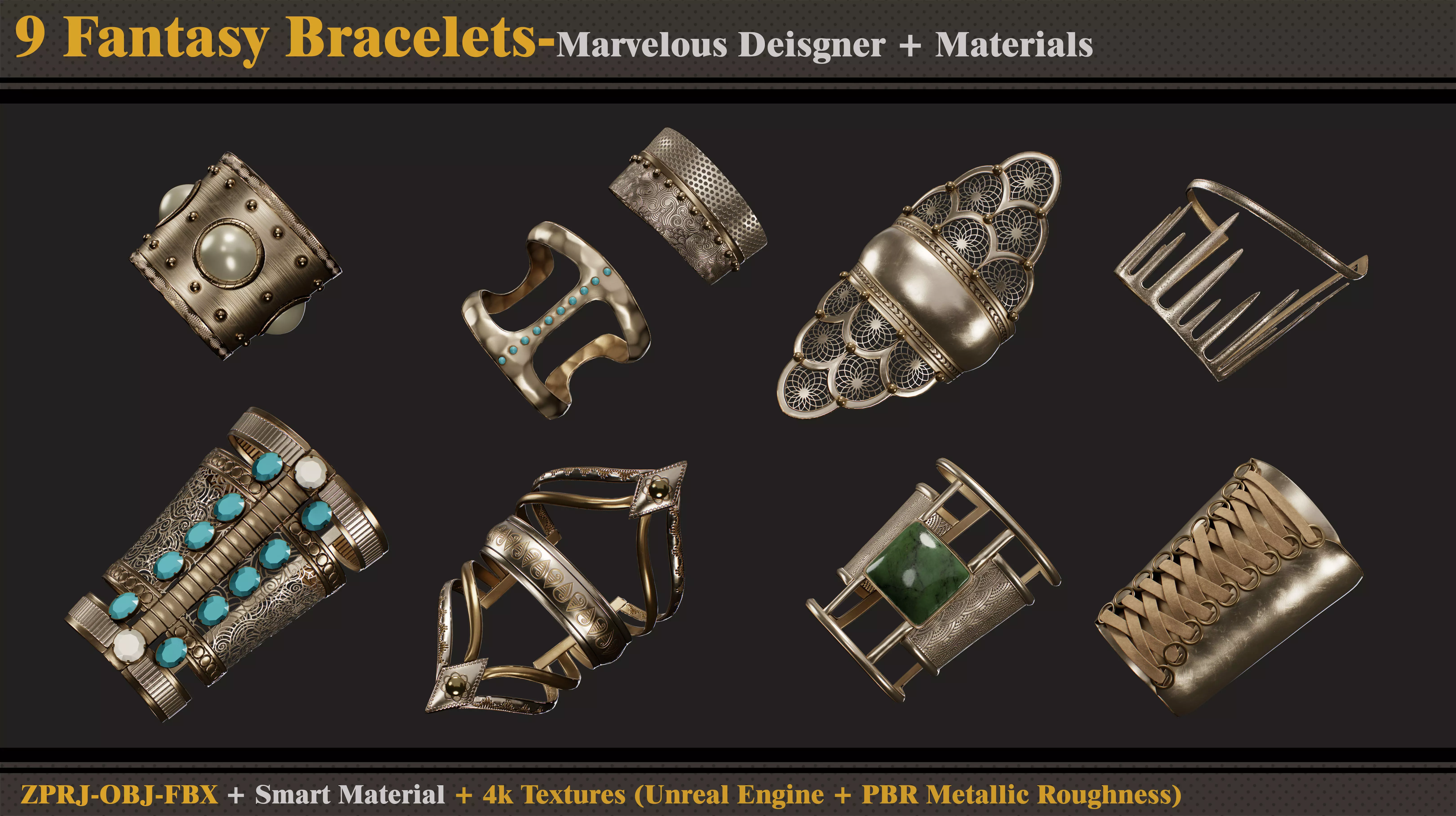 9 Fantasy Bracelets-MD-Clo3d - Smart Material- Textures-OBJ-FBX 3D model