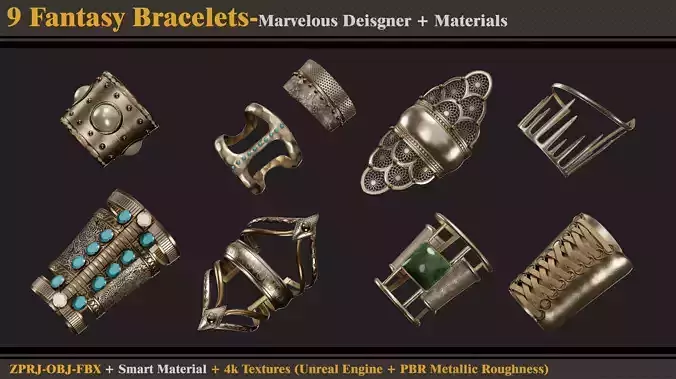 9 Fantasy Bracelets-MD-Clo3d - Smart Material- Textures-OBJ-FBX 