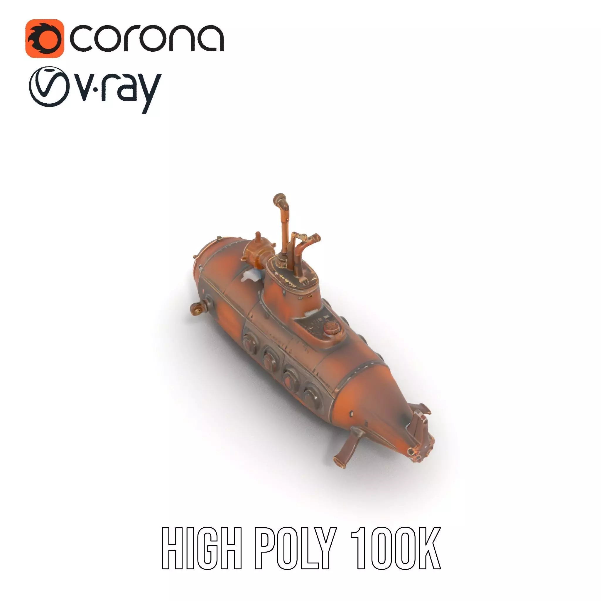 Steampunk Submarine Bronze model pack Low-poly 3D model_19
