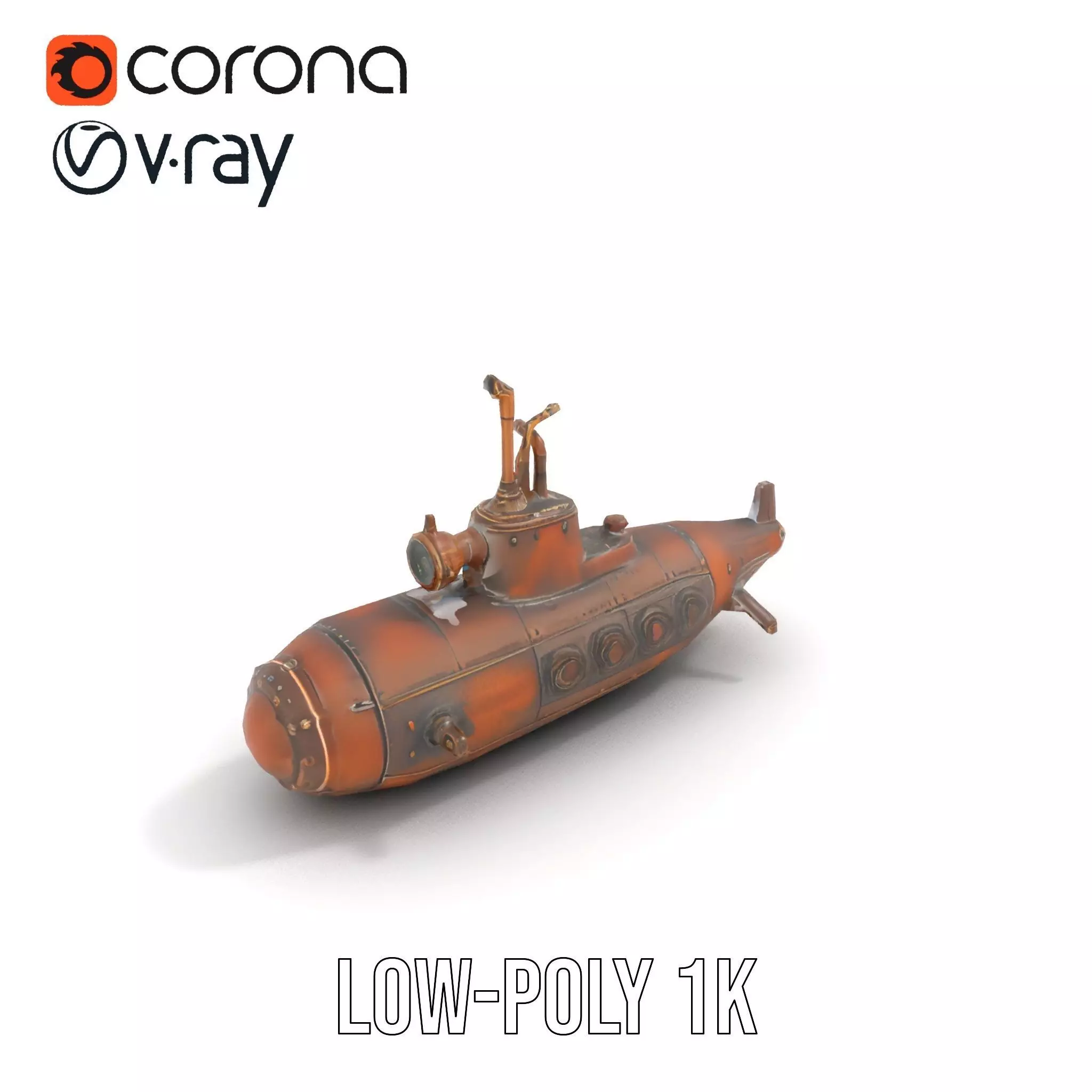 Steampunk Submarine Bronze model pack Low-poly 3D model_10