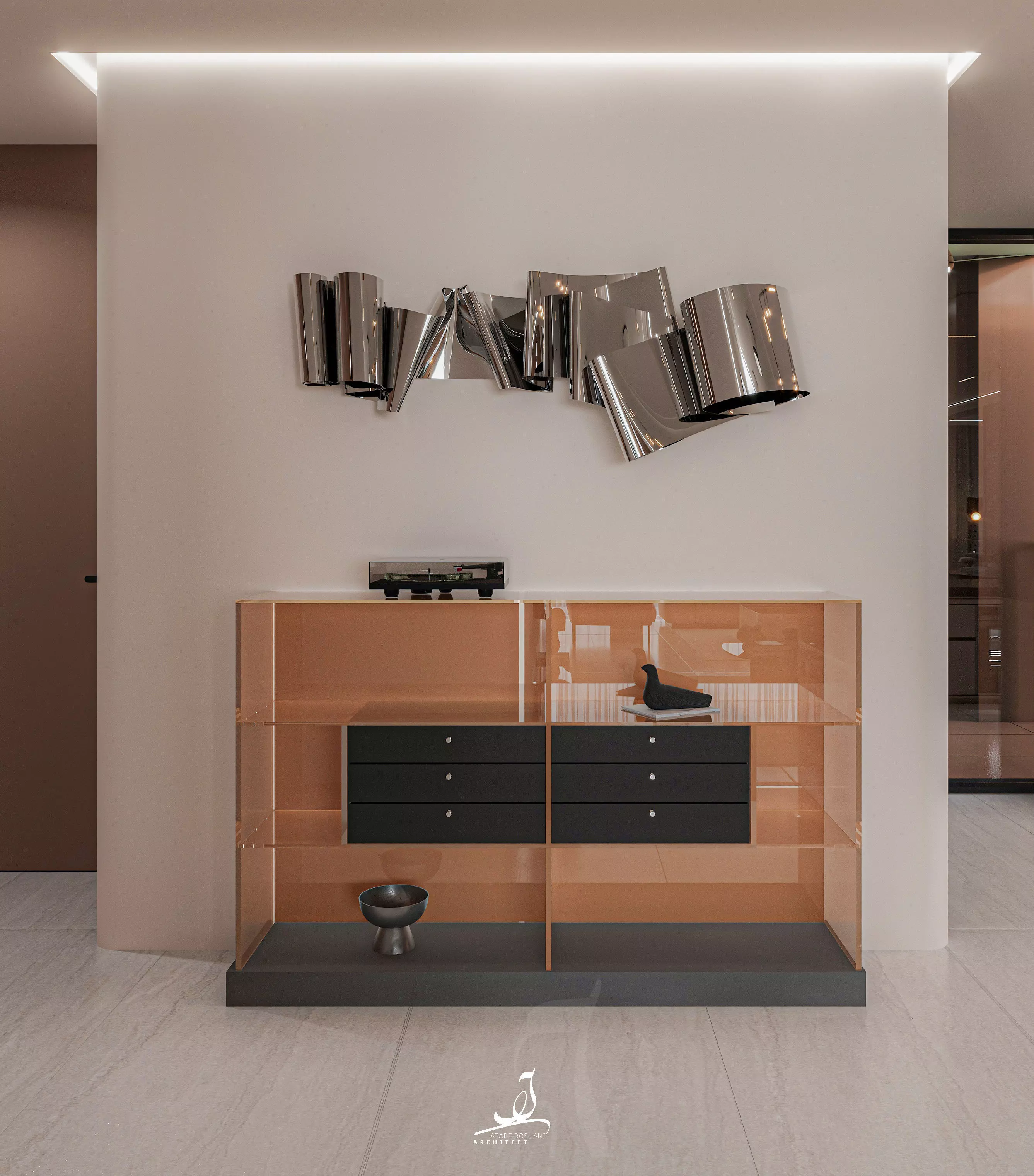 Modern Minimal Console Table Glass and Wood 3D model_0