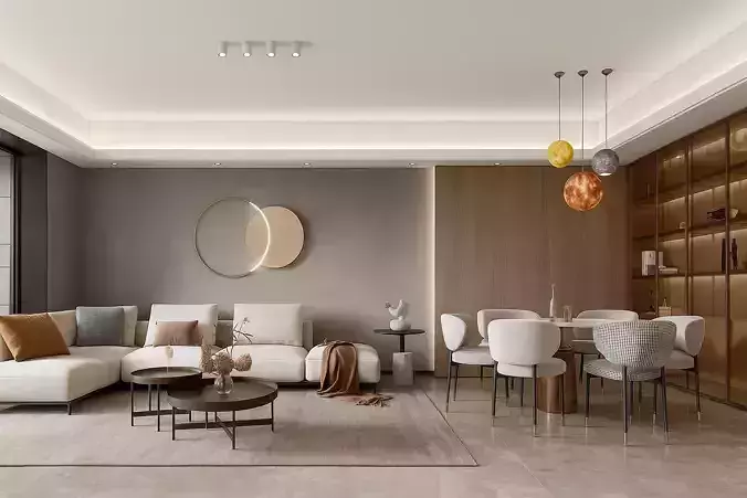 Modern Open Living Dining Room High End 3D Interior Scene