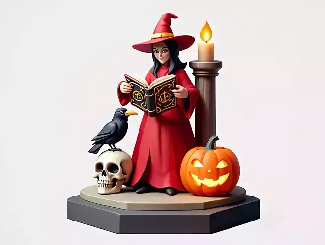 2455Halloween Witch with Skull  Raven and Pumpkin