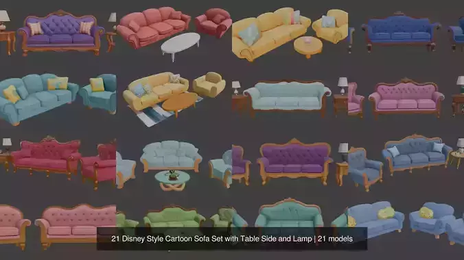 21 Disney Style Cartoon Sofa Set with Side Table and Lamp 3D Model Collection