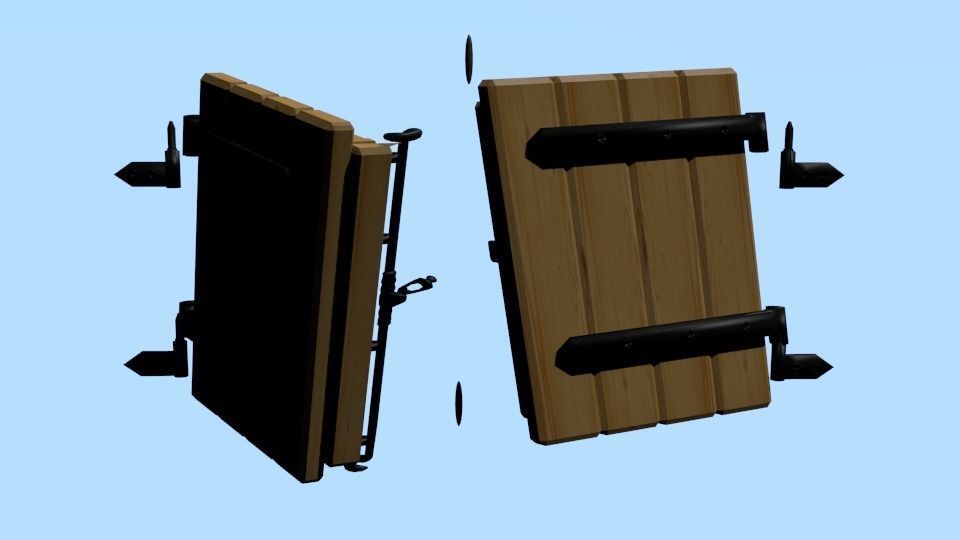 Animated and rigged wooden shutters Low-poly 3D model_7