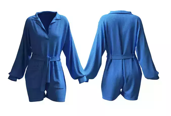Woman Knit Blue Romper with Belt 3D Model 3D model