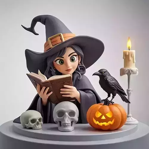 2459Halloween Witch with  Skull  Raven and Pumpkin