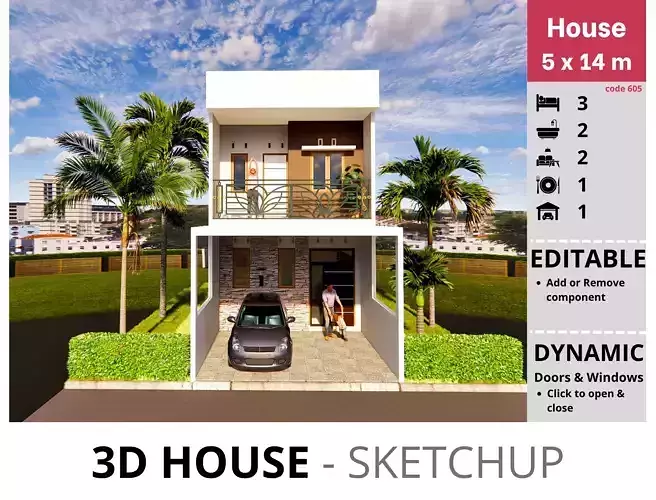 House 5x14m code 605 - Sketchup 3D model 3D model