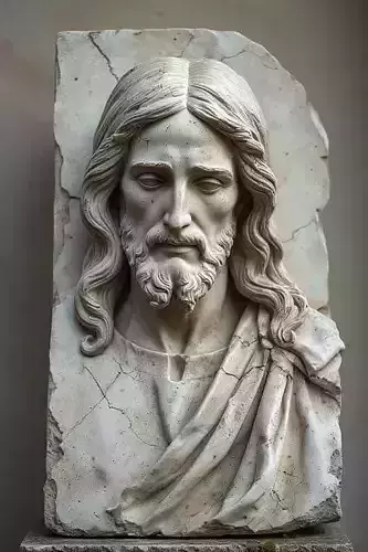 A weathered stone bust of Jesus Christ carved striking realism