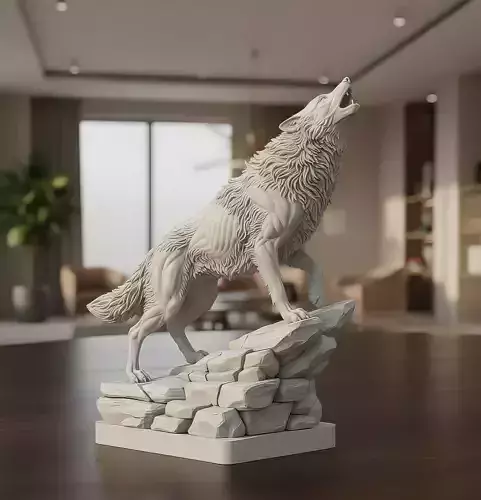 Howling Wolf on Rocky Cliff - 3D Print Model