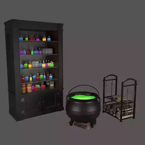 Witch Cauldron And Potion Cabinet Set
