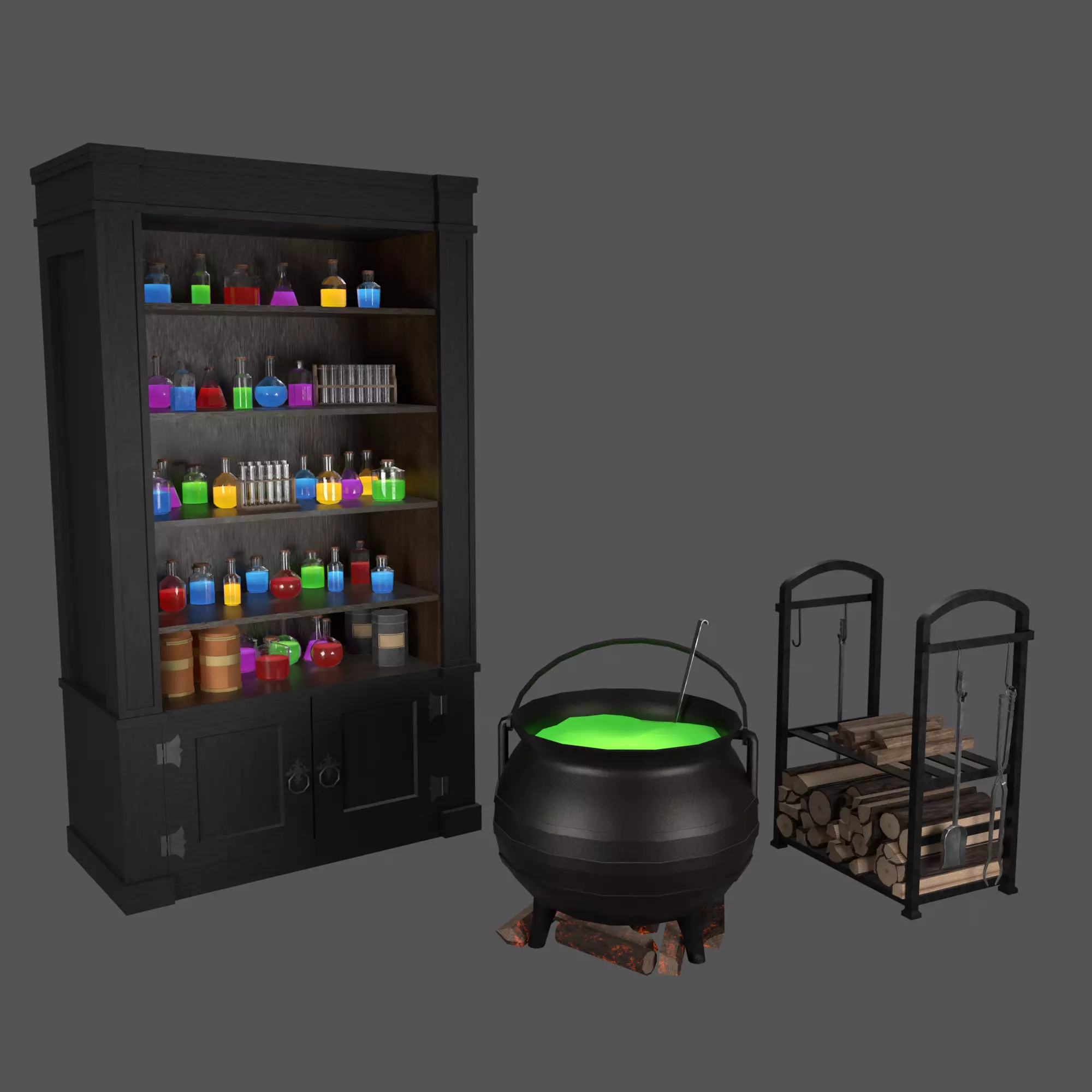 Witch Cauldron And Potion Cabinet Set 3D Model Collection_0