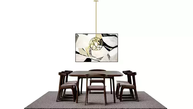 Dark Brown wood dining table set with gold and pink accents