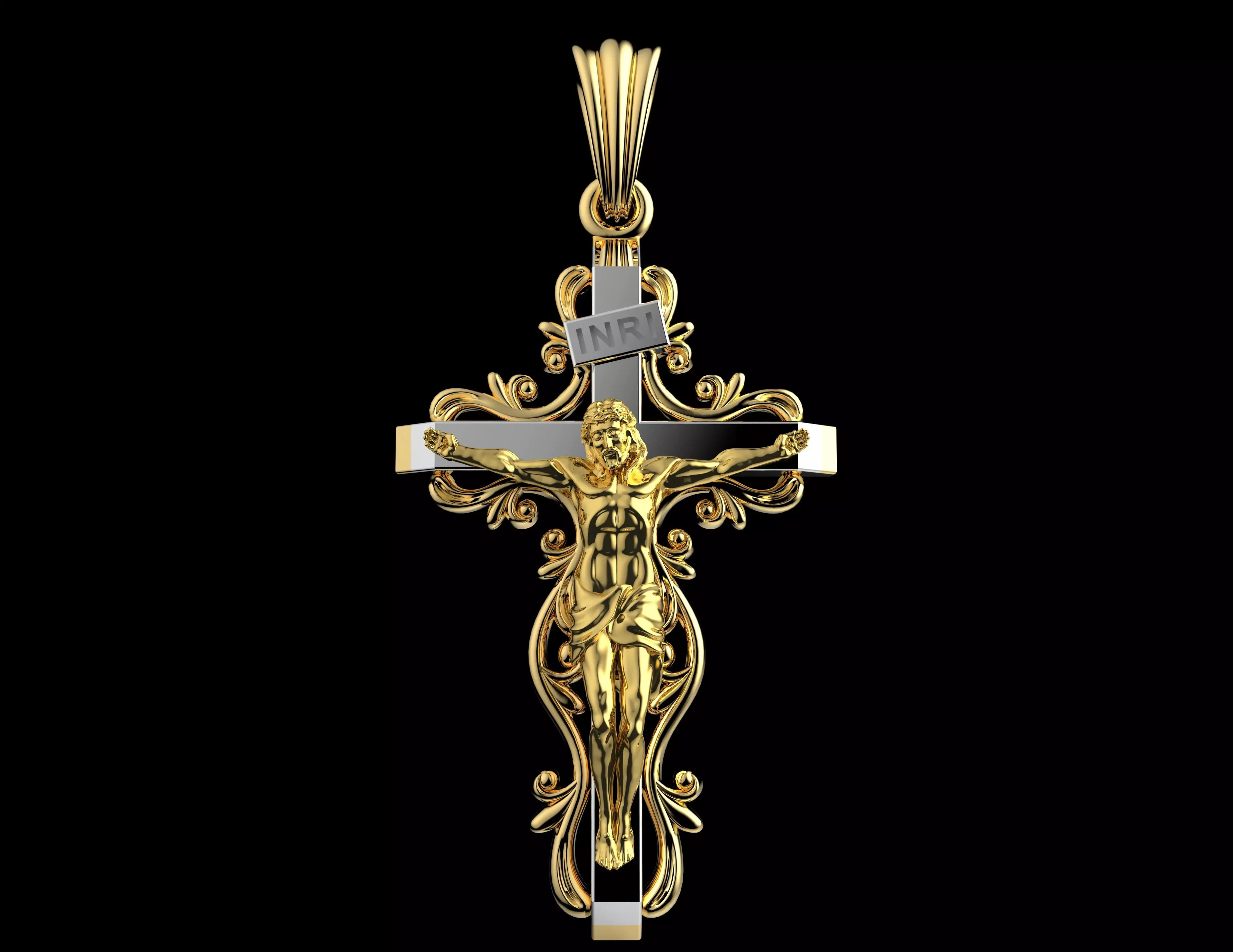 Luxury Gold Crucifix Pendant 3D Model Jesus Cross Jewelry 3D print model_0
