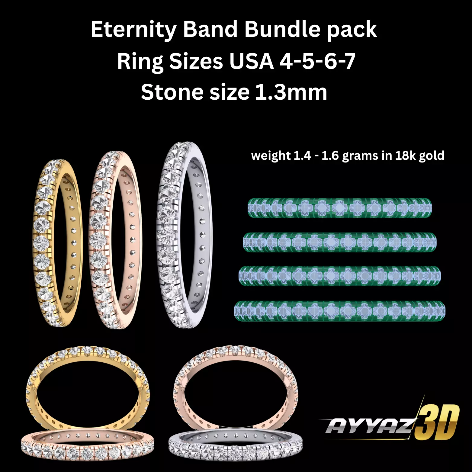 Eternity Bands Bundle STL 3D Models Jewelry Multiple Ring Sizes 3D print model