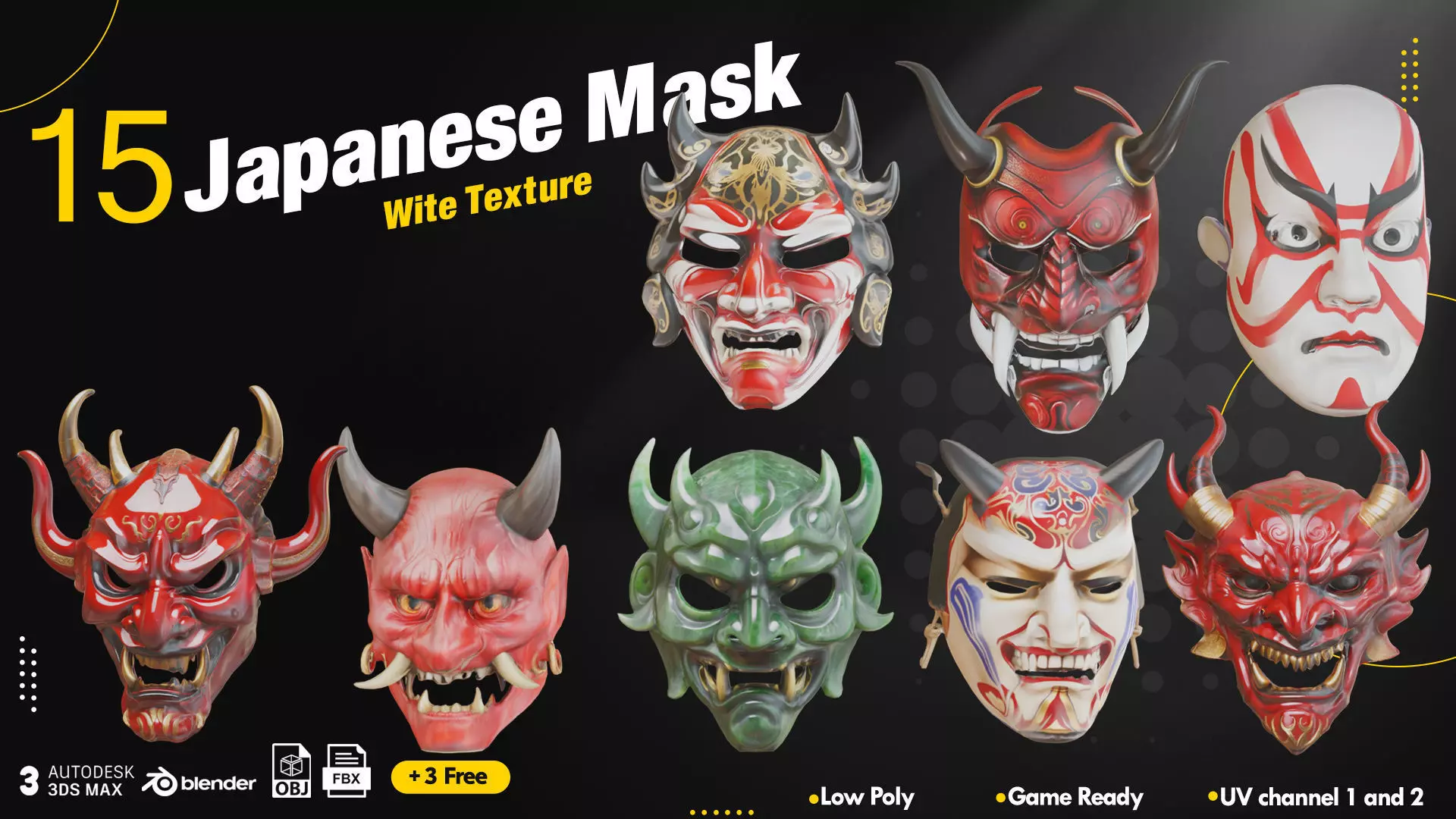 15 Japanese Mask Vol1 Low-poly 3D model_0