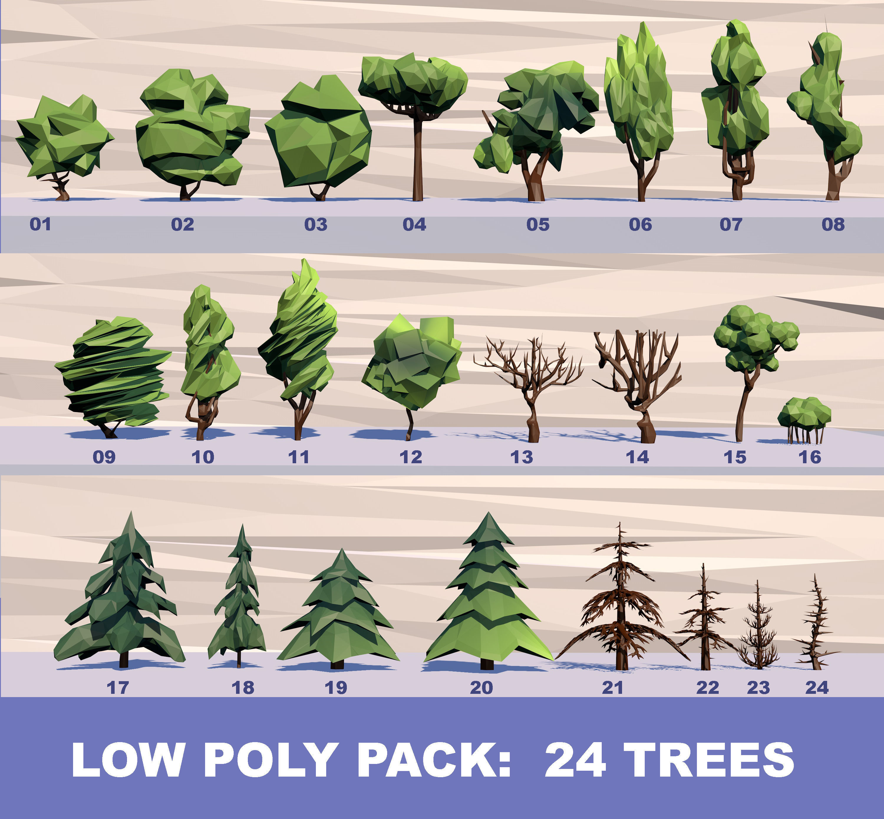 24 Trees Pack Low-poly 3D model_1