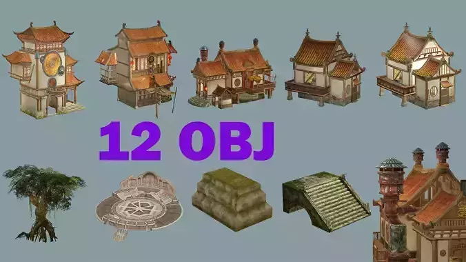 Ancient Japanese Village Collection Low-poly 3D Model